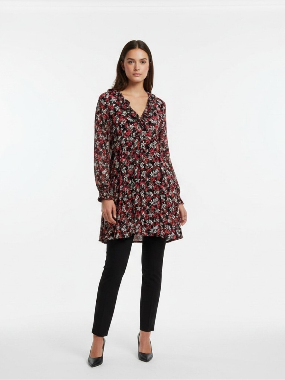 Zara Black Red Floral Ruffle Neckline V-Neck Mini Dress Small